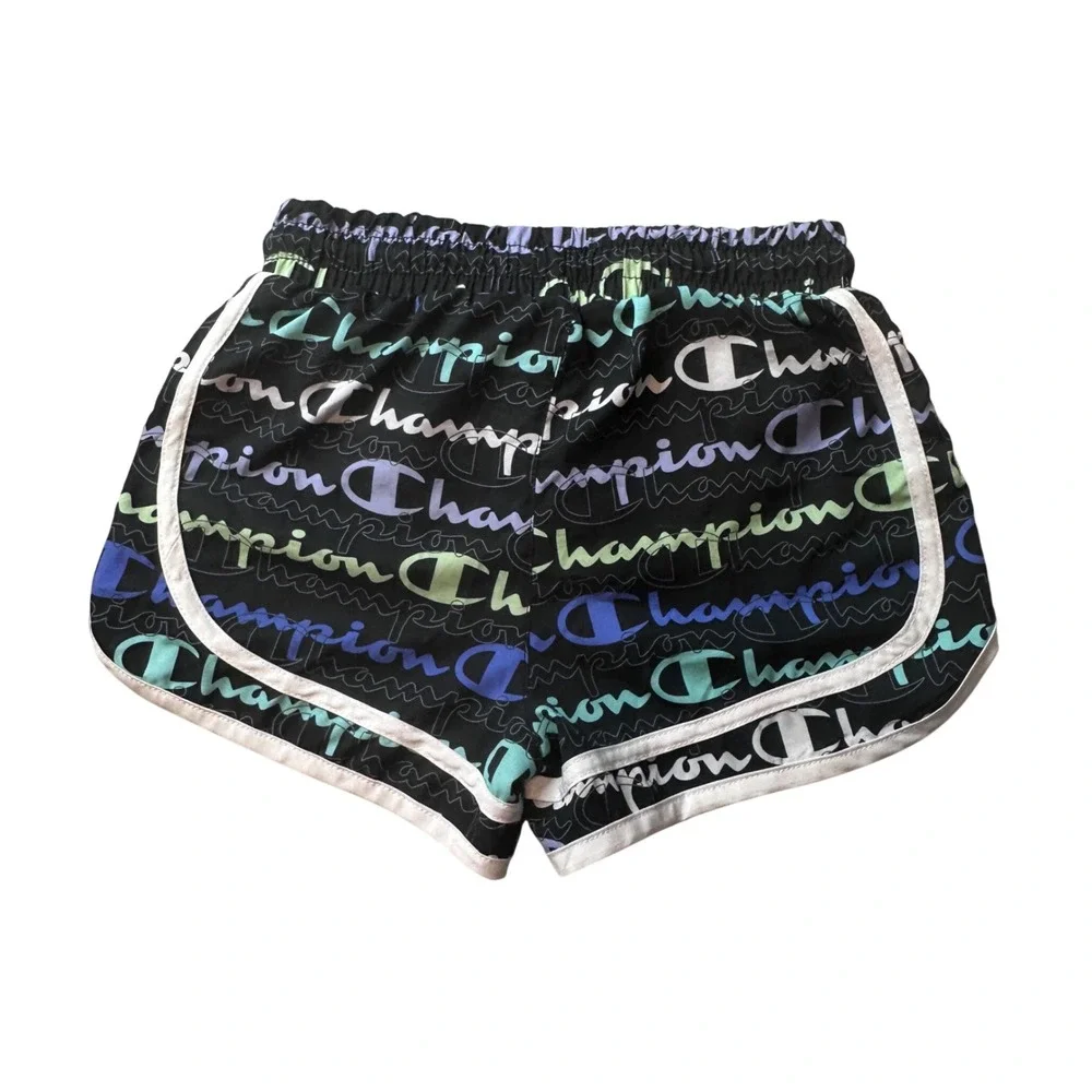 Champion‎ Shorts Girls 7/8 Black Script Logo Print Dolphin Athletic Activewear